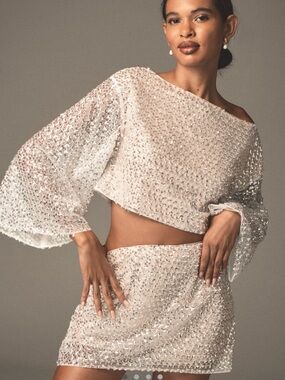 Embellished Ivory Mini Dress with Sheer Bell Sleeves